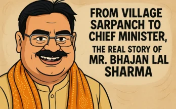 Illustration of Bhajan Lal Sharma with the text "From Village Sarpanch to Chief Minister" — highlighting the inspirational Bhajan Lal Sharma biography and political journey.