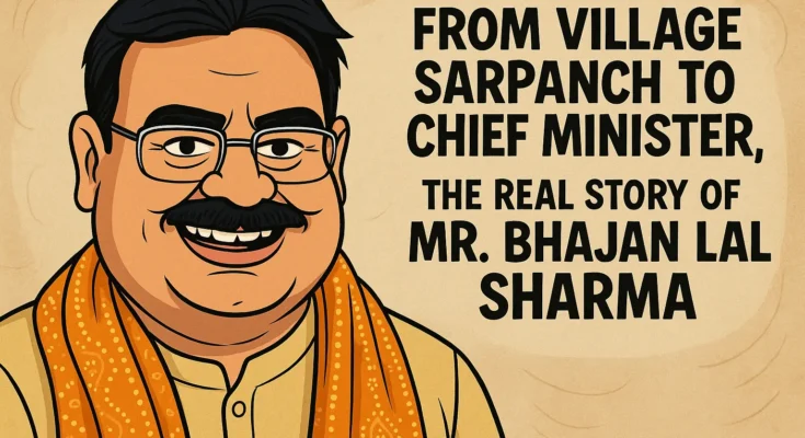 Illustration of Bhajan Lal Sharma with the text "From Village Sarpanch to Chief Minister" — highlighting the inspirational Bhajan Lal Sharma biography and political journey.