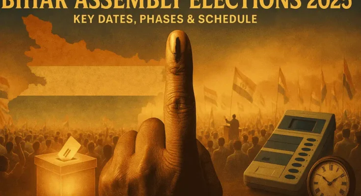 Bihar Elections 2025 schedule showing three voting phases in October-November with ballot box, EVM, and Bihar map highlighting districts. Election Commission officials prepare as Nitish Kumar and Tejashwi Yadav face off in crucial assembly polls.