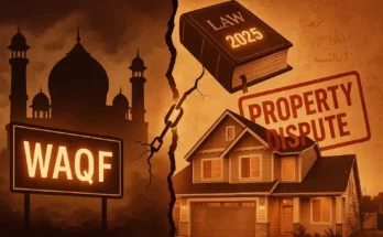Visual representation of Waqf Act Amendment 2025 highlighting property disputes, Waqf board conflicts, and legal changes affecting ownership rights.