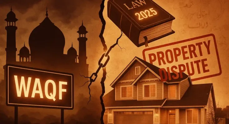 Visual representation of Waqf Act Amendment 2025 highlighting property disputes, Waqf board conflicts, and legal changes affecting ownership rights.