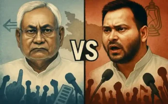 Illustration of two Indian politicians facing off, with Nitish Kumar on the left and Tejashwi Yadav on the right, separated by a large "VS" in the center. Nitish Kumar appears serious with a blue background, while Tejashwi Yadav looks expressive with a red background. Supporters with raised fists, microphones, and voting symbols are shown in the foreground, representing an election battle for Bihar's Chief Minister in 2025